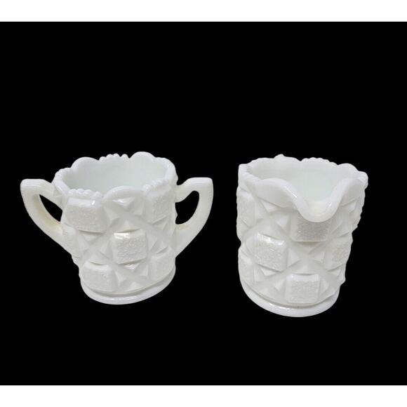 Milk Glass Cream Sugar Set Old Quilt Pattern White Vintage 1940s Westmoreland - Picture 11 of 13